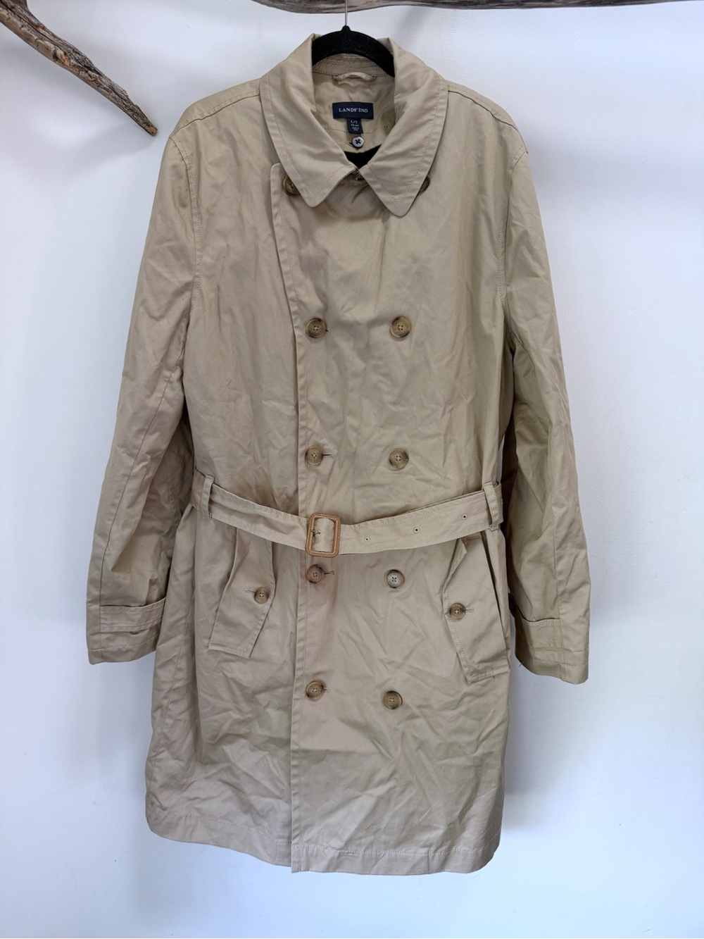 Lands’ End Men’s Large Tall L/T 42-44 Khaki Tan Trench Coat Fall Wool Liner Good